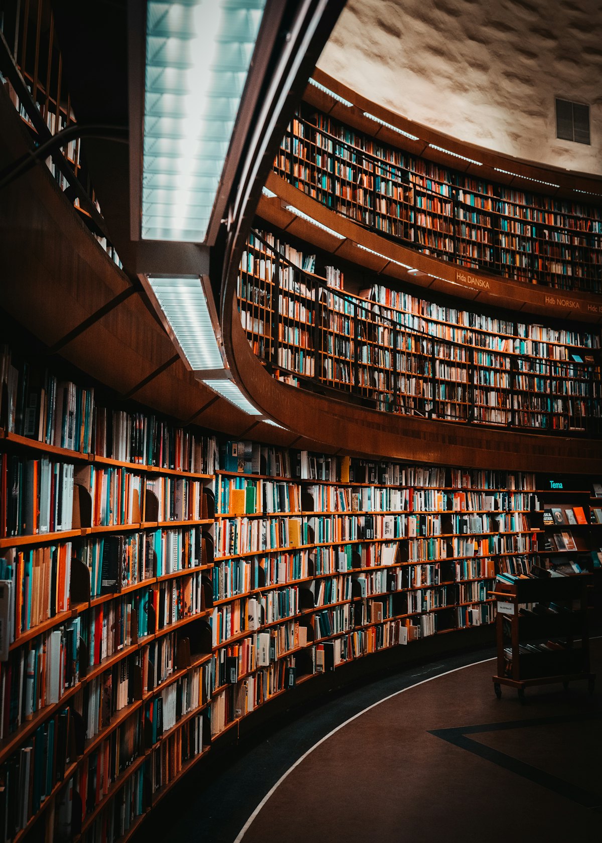 A curved library with tall shelves of books