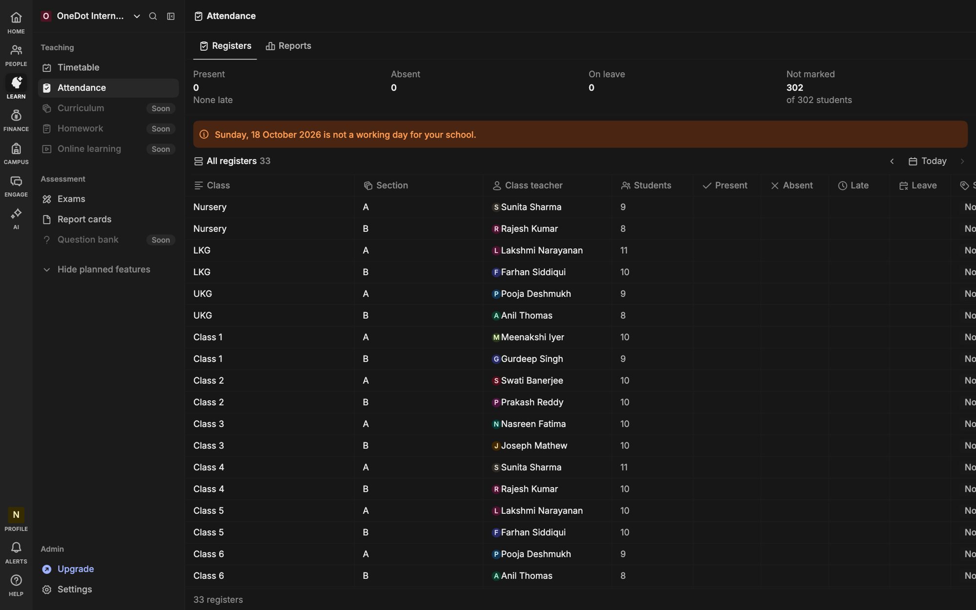 The Heidi attendance register in the dark theme