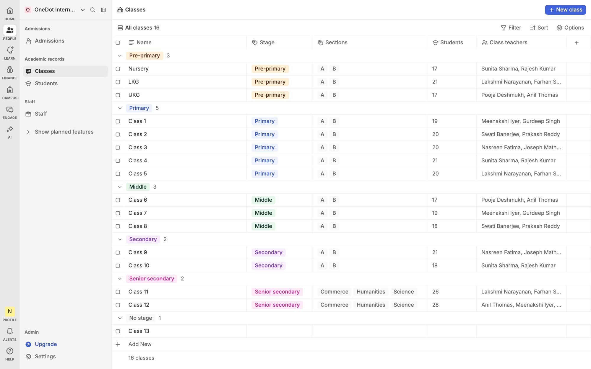 The Heidi classes list grouped by stage