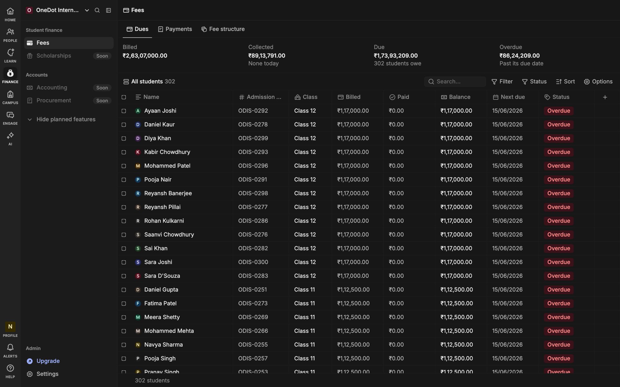 The Heidi fees list in the dark theme