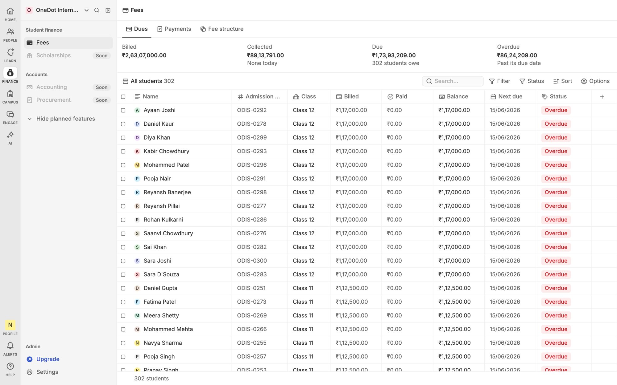 The Heidi fees list showing each student's balance and status